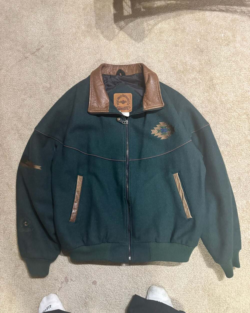 Vintage Mid West Garment Co. Spruce Green Wool Bomber Jacket with Leather Collar